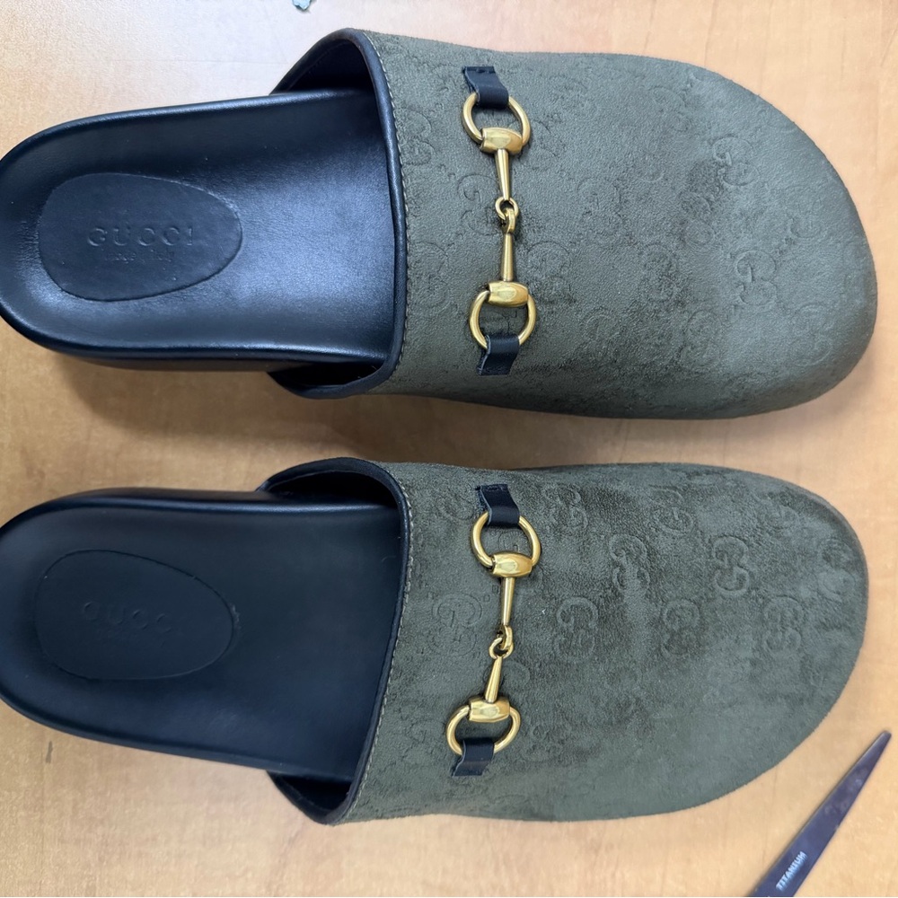 Green suede slides